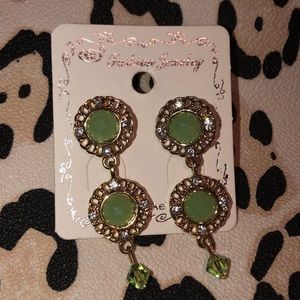 Gold, Green, & Rhinestone Post Earrings